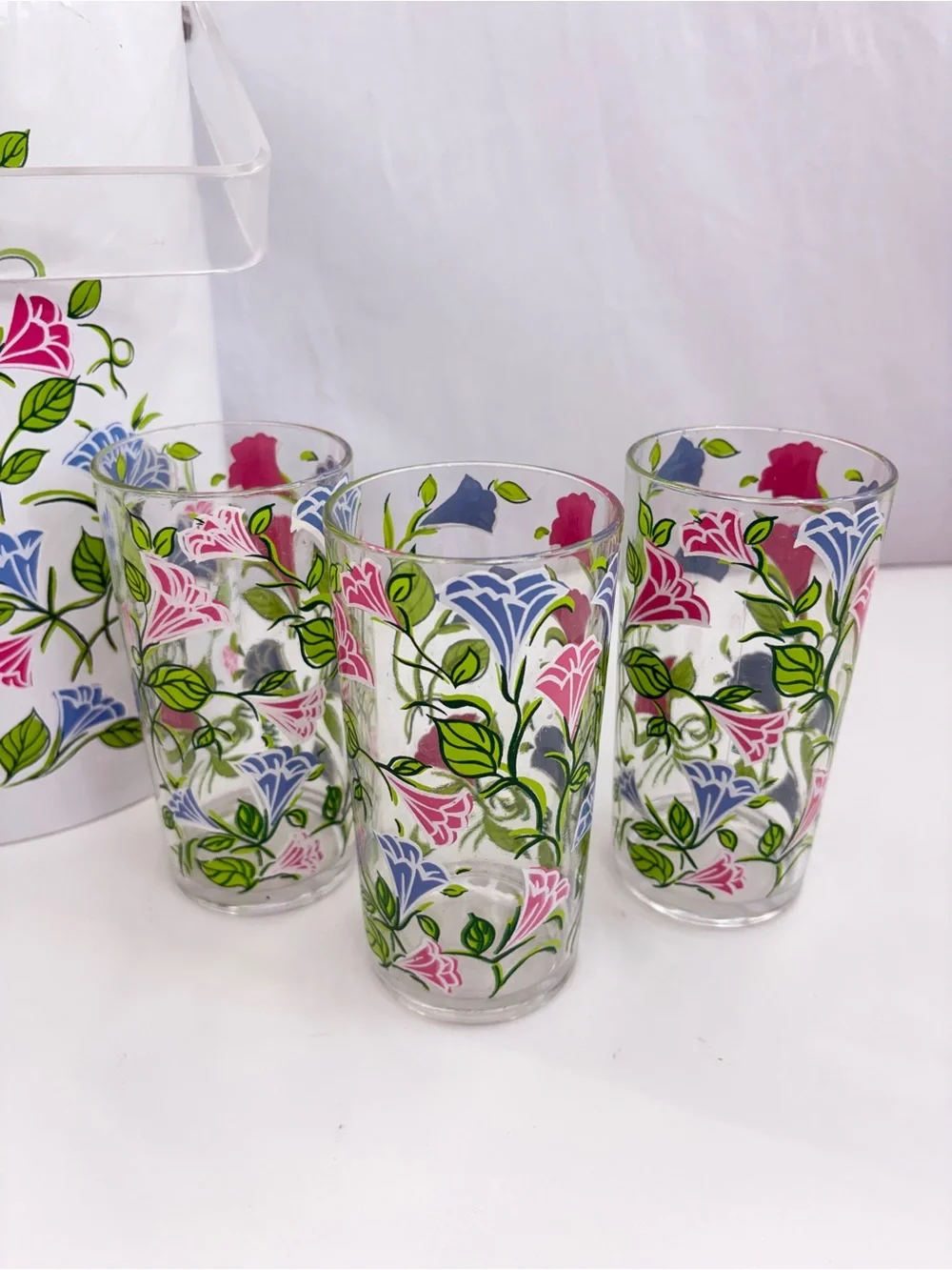 H. J. Stotter vintage acrylic 4 pc vtg floral beverage set ice bucket 3 tumblers